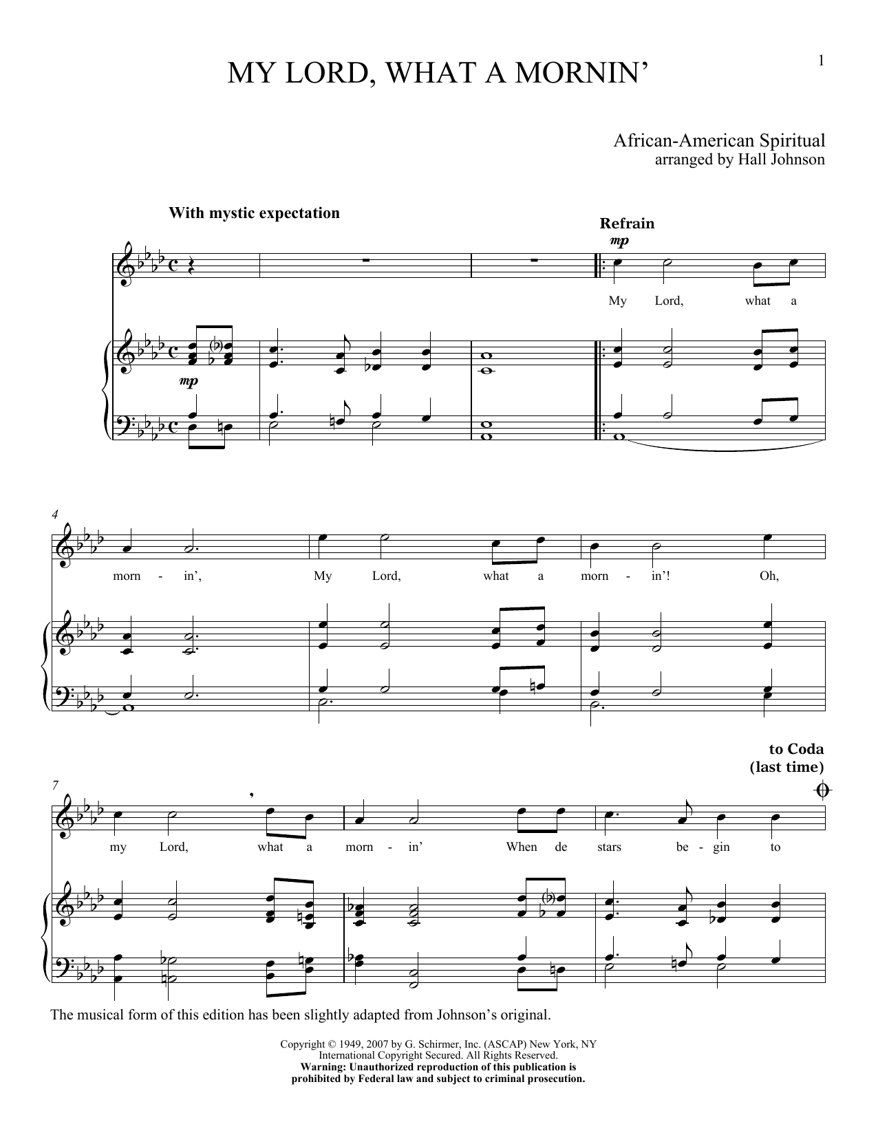 Hall Johnson My Lord What A Mornin' sheet music notes and chords arranged for Piano & Vocal