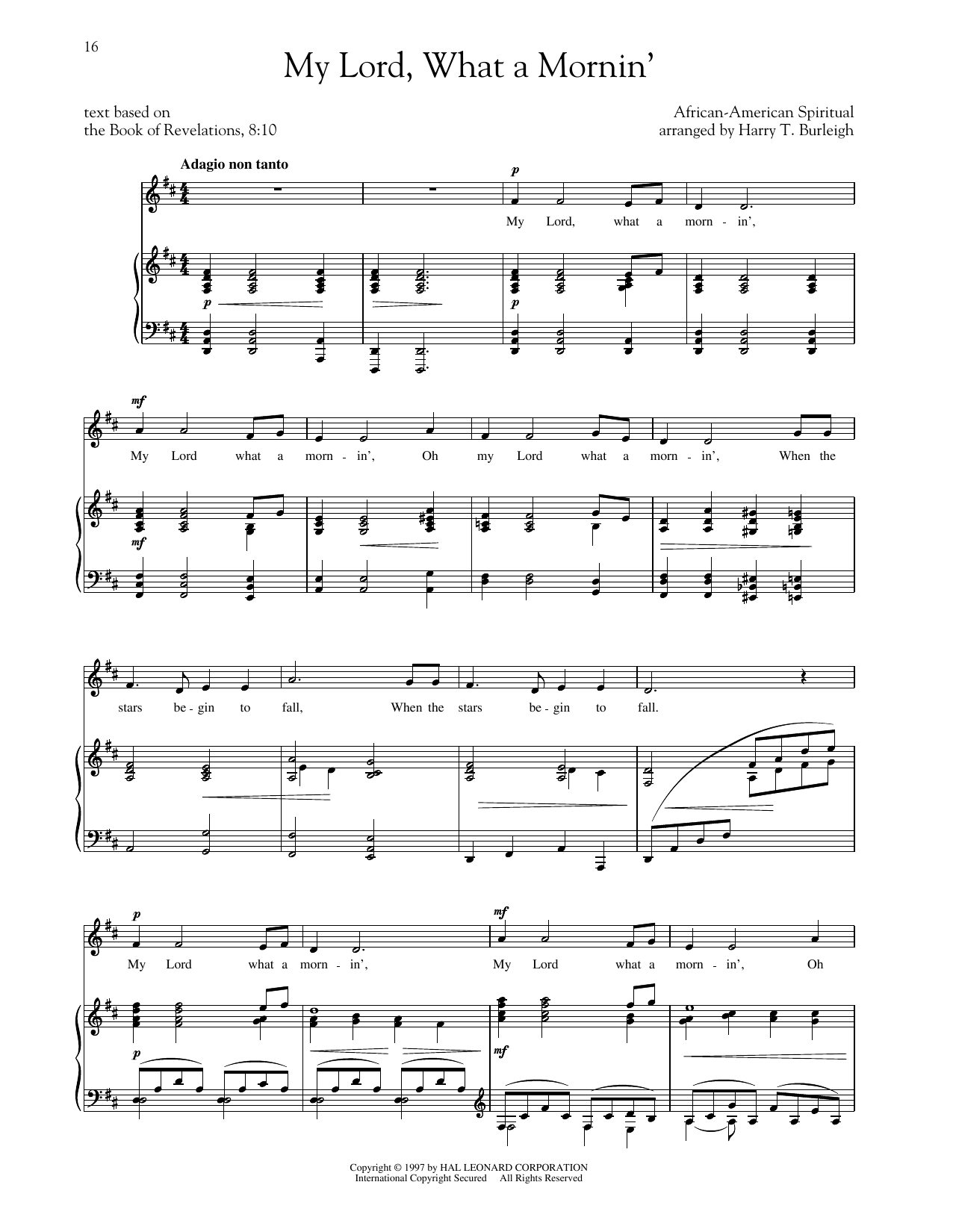 Hall Johnson My Lord, What A Morning (arr. Richard Walters) (High Voice) sheet music notes and chords arranged for Piano & Vocal
