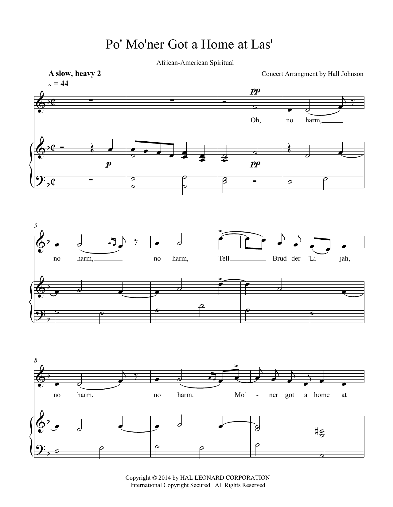 Hall Johnson Po' Mo'ner Got a Home at Las' (D minor) sheet music notes and chords arranged for Piano & Vocal