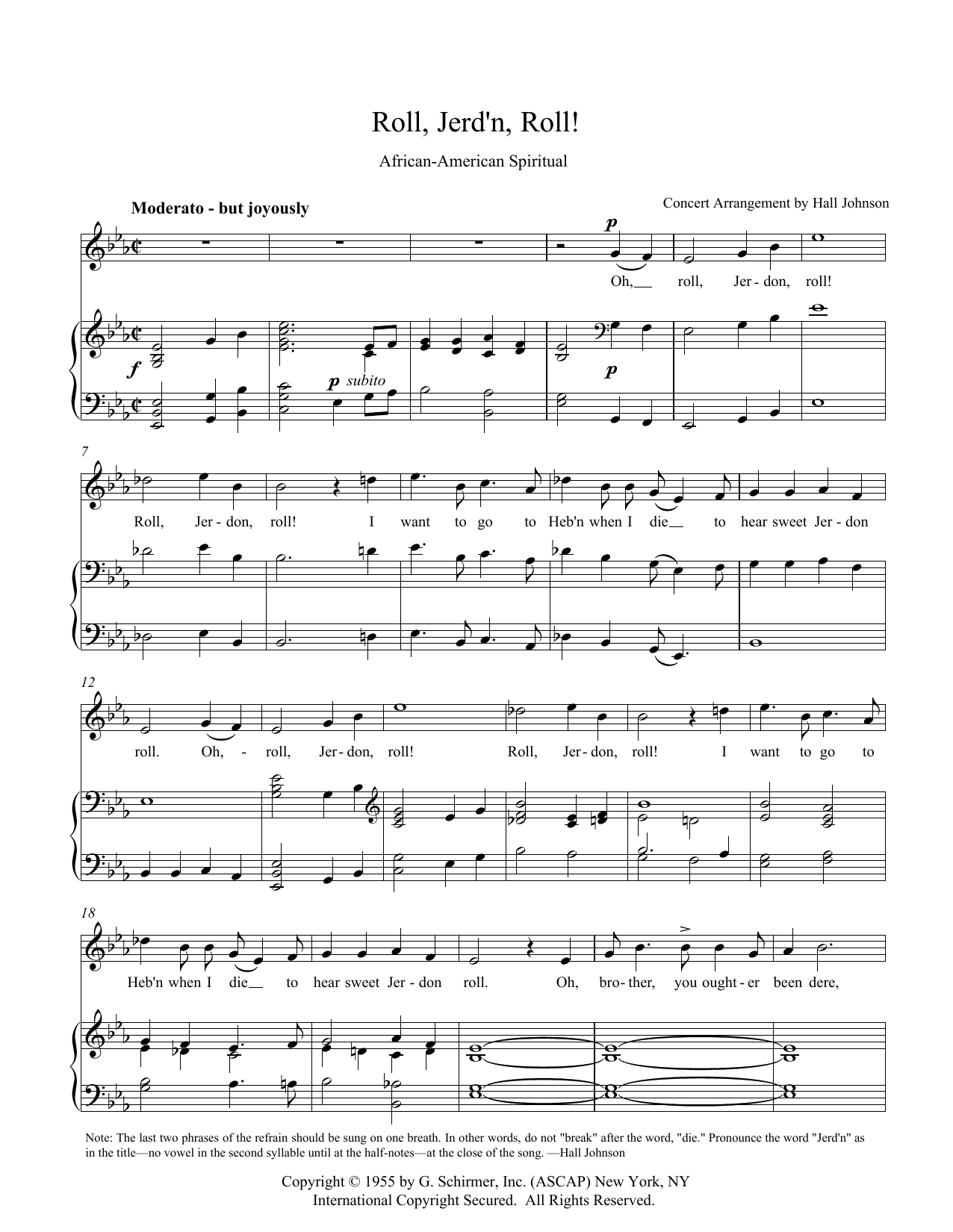 Hall Johnson Roll, Jordan Roll (E-flat) sheet music notes and chords arranged for Piano & Vocal