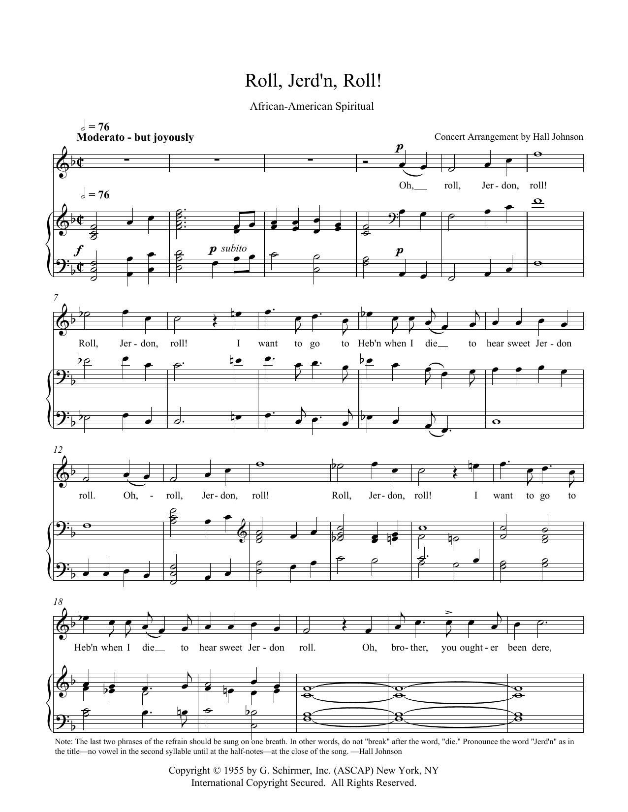 Hall Johnson Roll, Jordan Roll (F) sheet music notes and chords arranged for Piano & Vocal