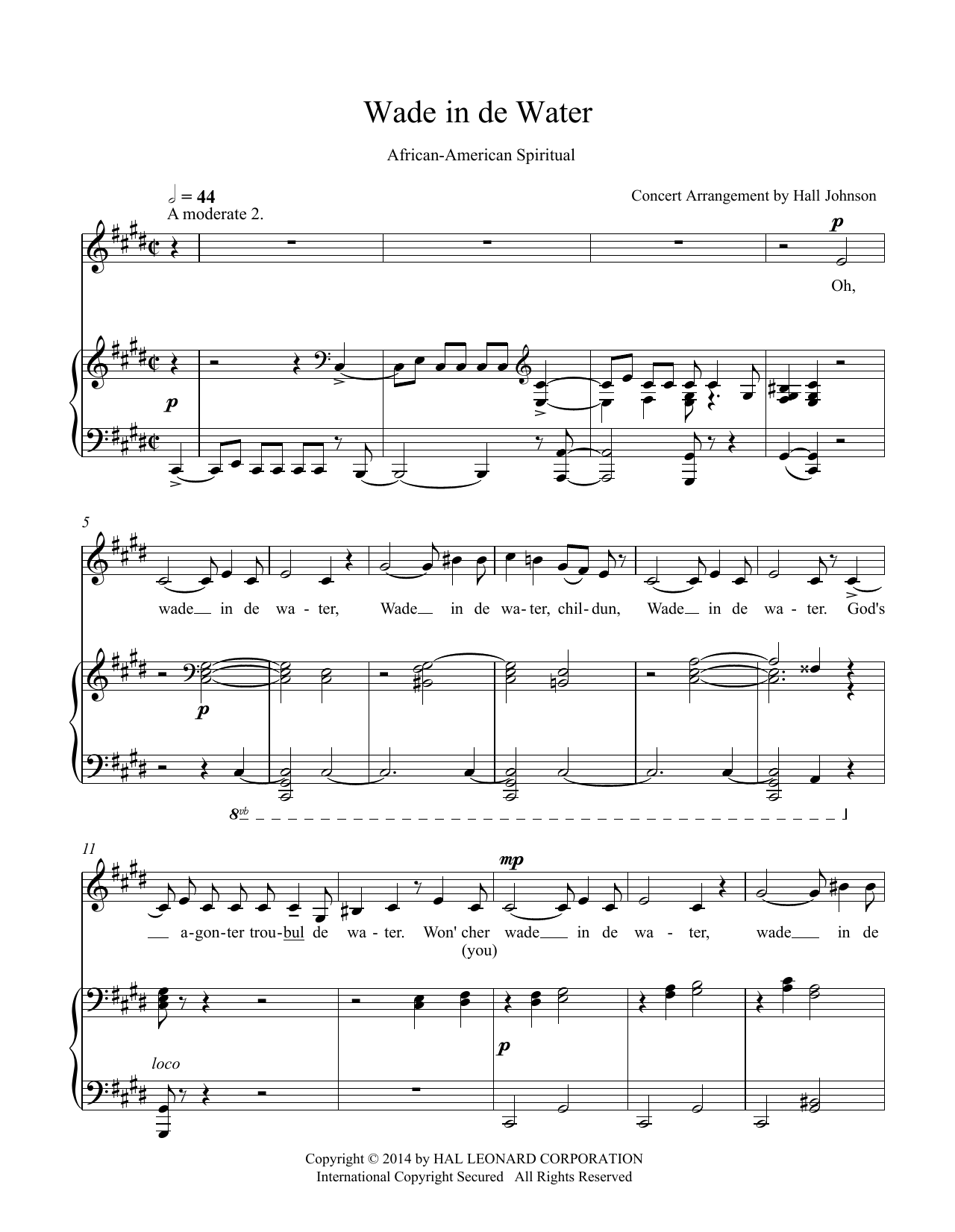 Hall Johnson Wade in de Water (C-sharp minor) sheet music notes and chords arranged for Piano & Vocal