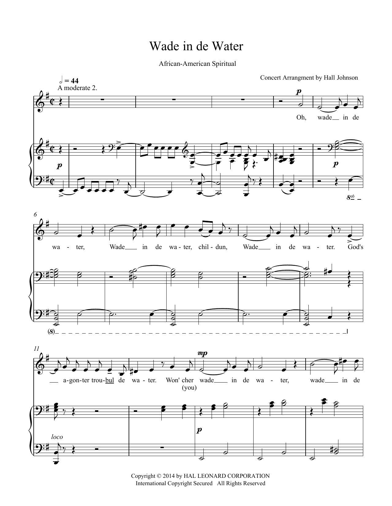 Hall Johnson Wade in de Water (E minor) sheet music notes and chords arranged for Piano & Vocal