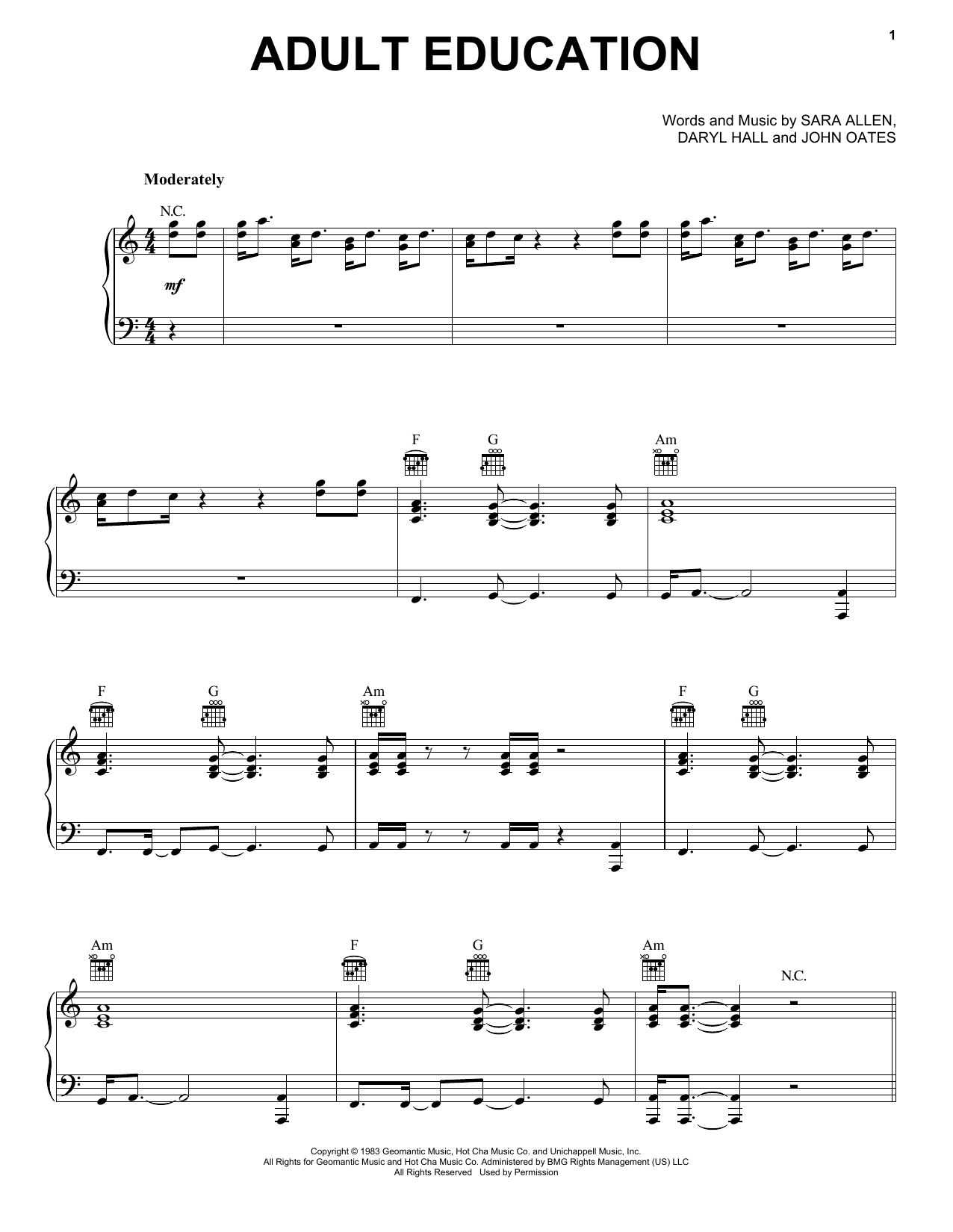 Hall & Oates Adult Education sheet music notes and chords arranged for Piano, Vocal & Guitar Chords (Right-Hand Melody)