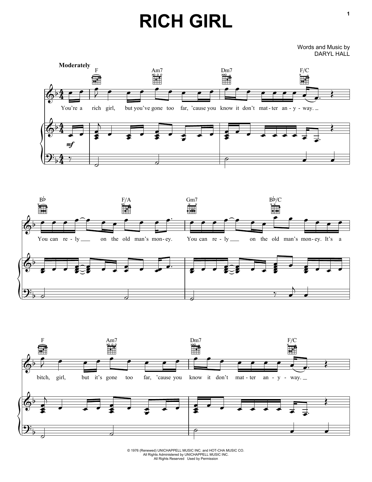 Hall & Oates Rich Girl sheet music notes and chords arranged for Piano, Vocal & Guitar Chords (Right-Hand Melody)