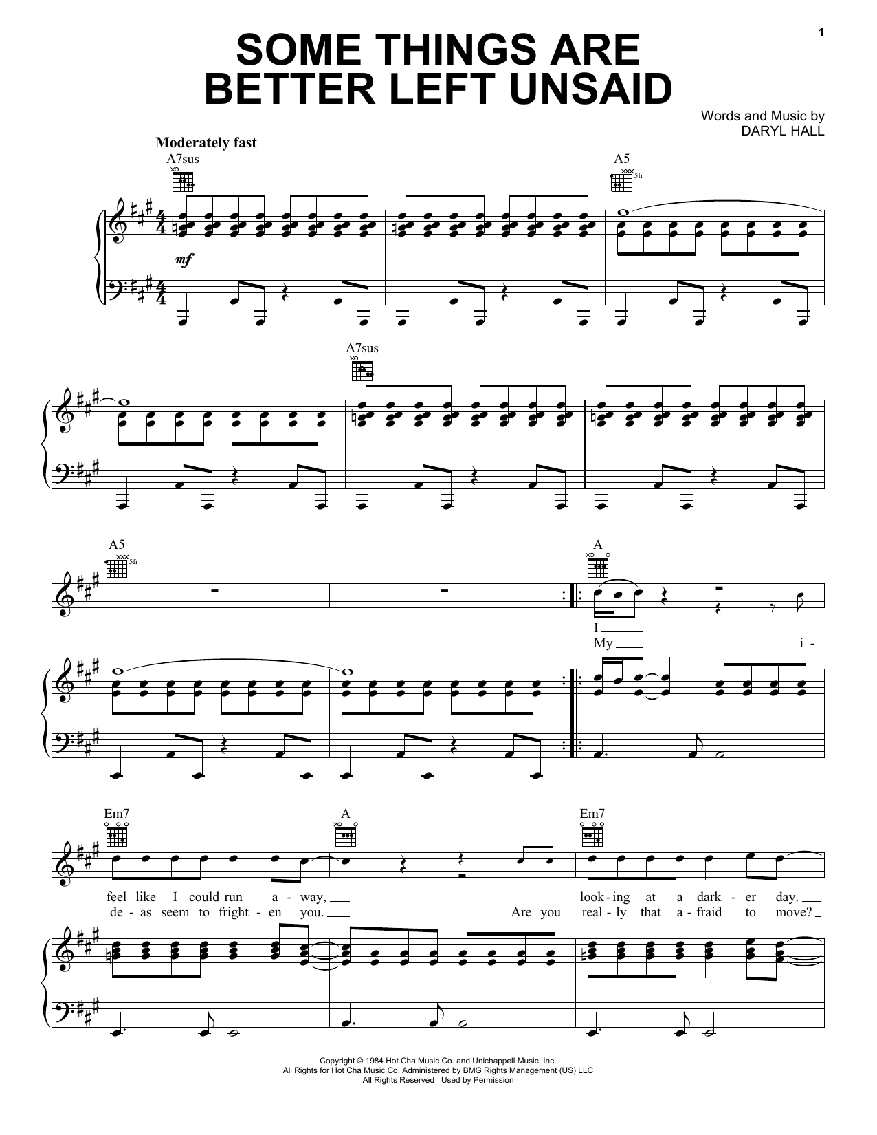 Hall & Oates Some Things Are Better Left Unsaid sheet music notes and chords arranged for Piano, Vocal & Guitar Chords (Right-Hand Melody)