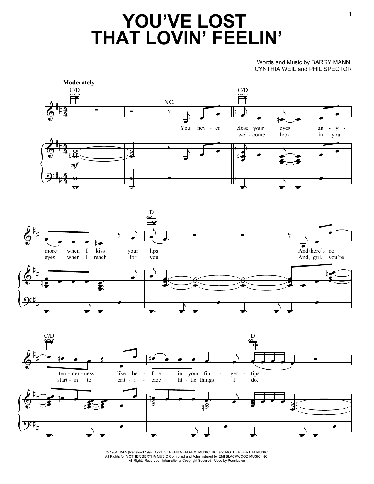 Hall & Oates You've Lost That Lovin' Feelin' sheet music notes and chords arranged for Piano, Vocal & Guitar Chords (Right-Hand Melody)