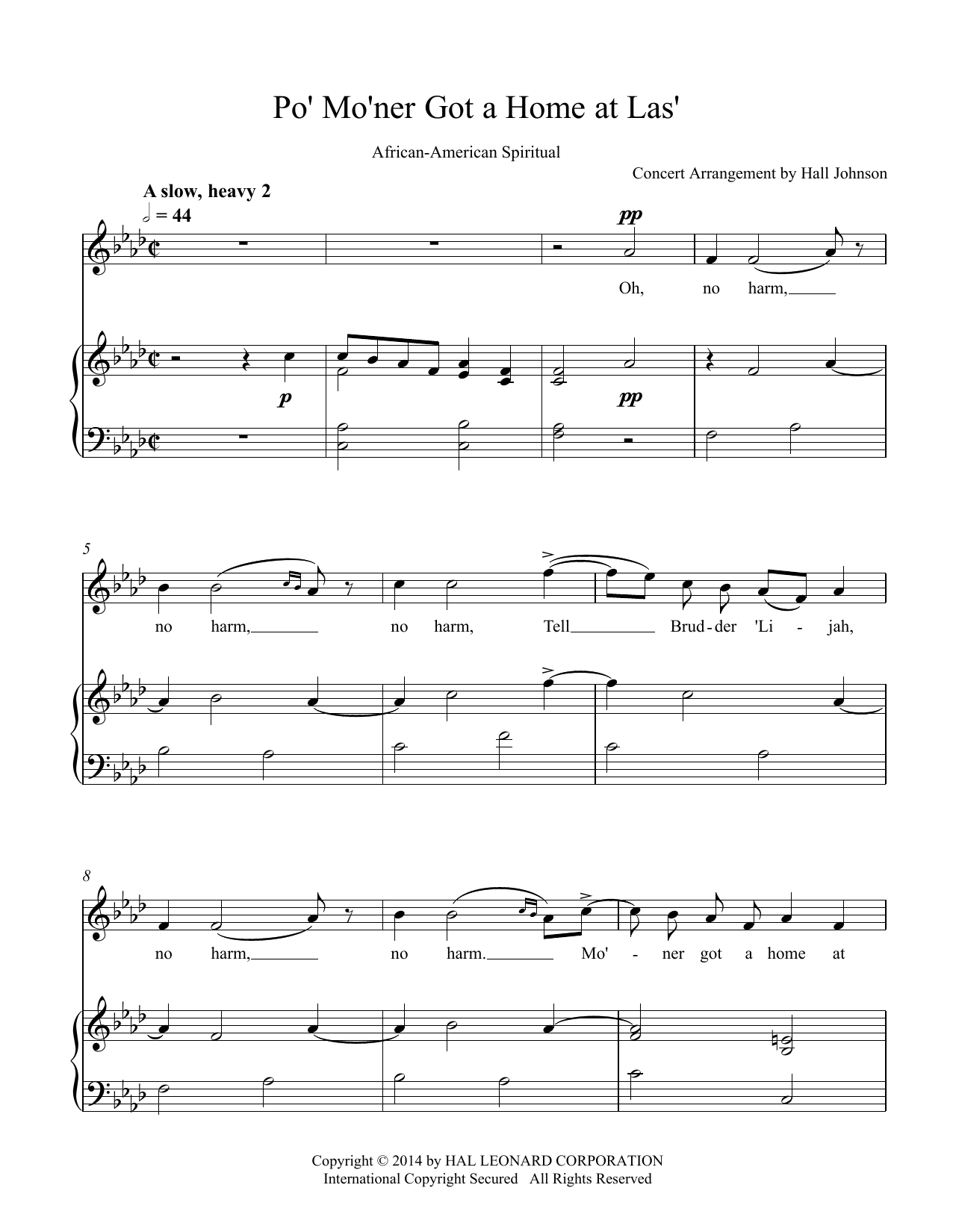 Hall Johnson Po' Mo'ner Got a Home at Las' (F minor) sheet music notes and chords. Download Printable PDF.