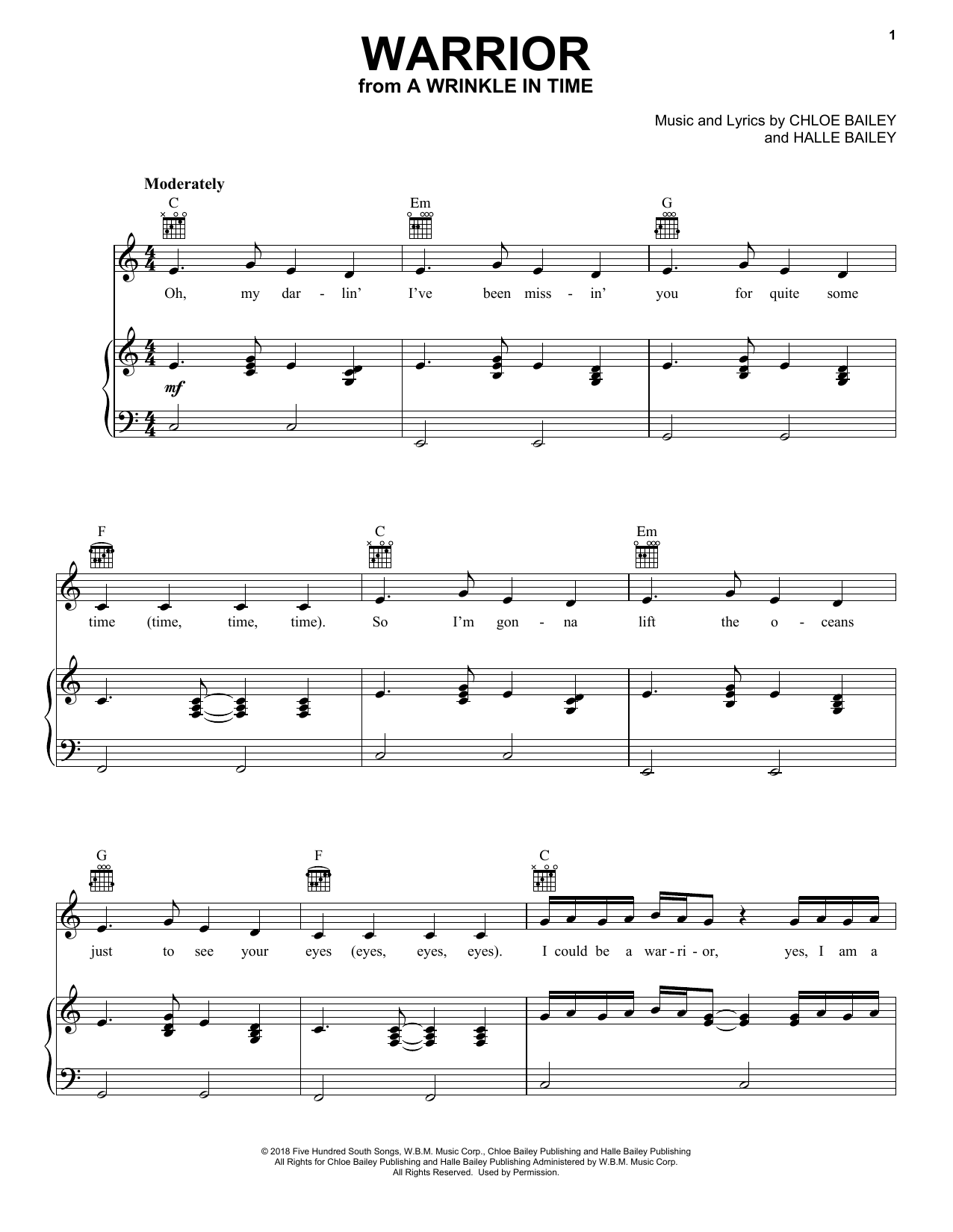 Halle Bailey Warrior (from A Wrinkle In Time) sheet music notes and chords arranged for Piano, Vocal & Guitar Chords (Right-Hand Melody)