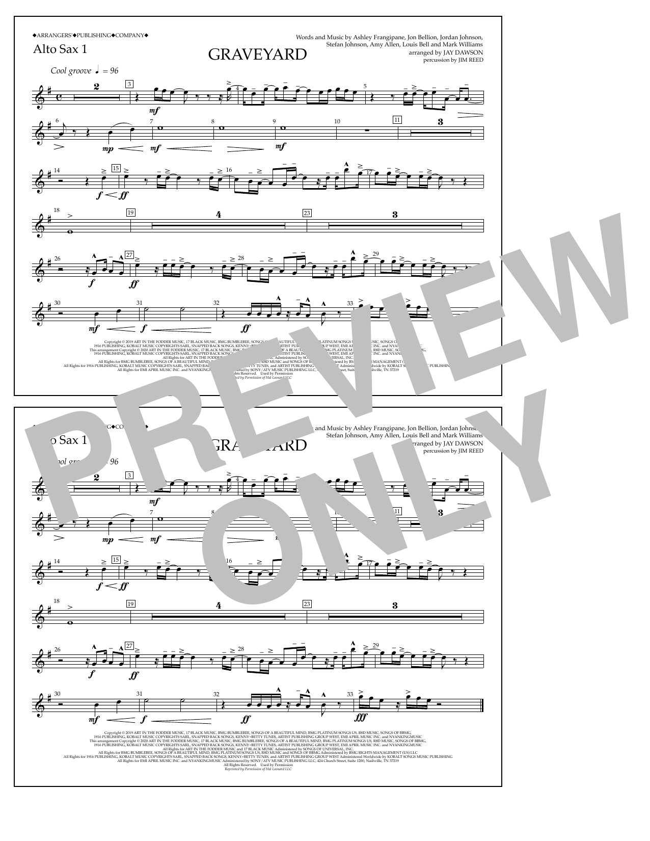 Halsey Graveyard (arr. Jay Dawson) - Alto Sax 1 sheet music notes and chords arranged for Marching Band