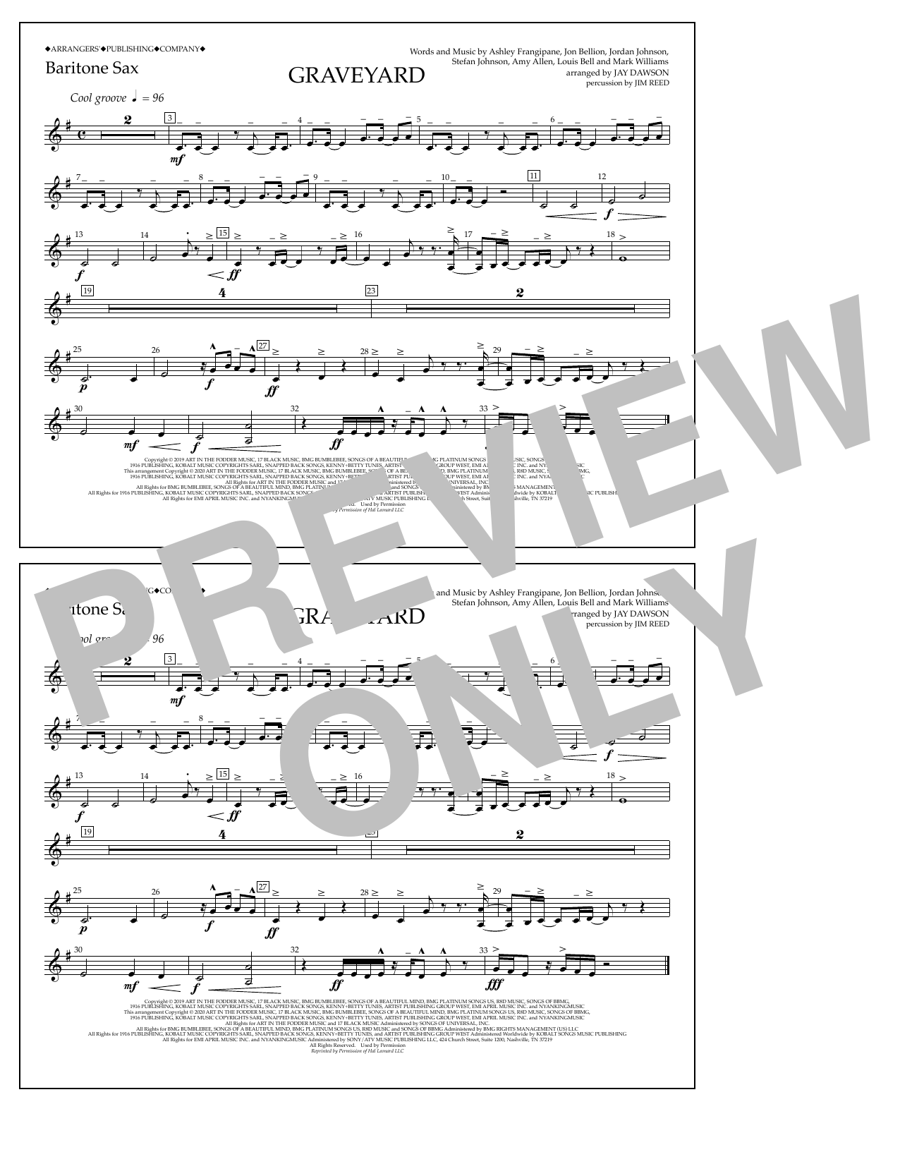 Halsey Graveyard (arr. Jay Dawson) - Bari Sax sheet music notes and chords arranged for Marching Band