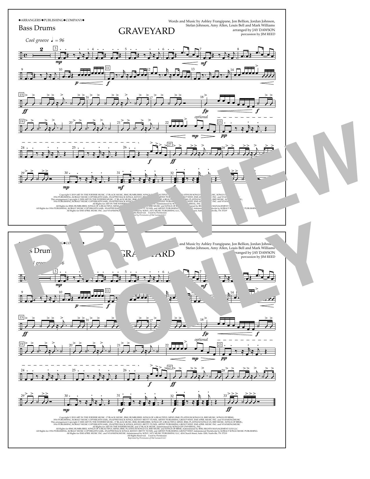 Halsey Graveyard (arr. Jay Dawson) - Bass Drums sheet music notes and chords arranged for Marching Band