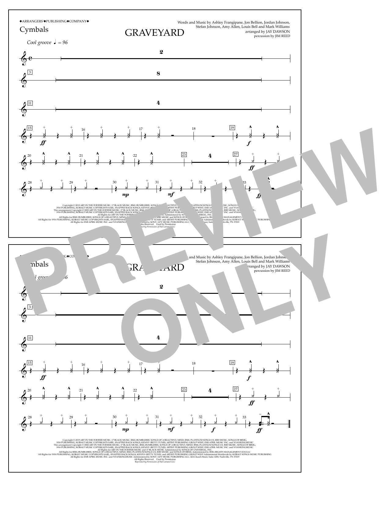 Halsey Graveyard (arr. Jay Dawson) - Cymbals sheet music notes and chords arranged for Marching Band
