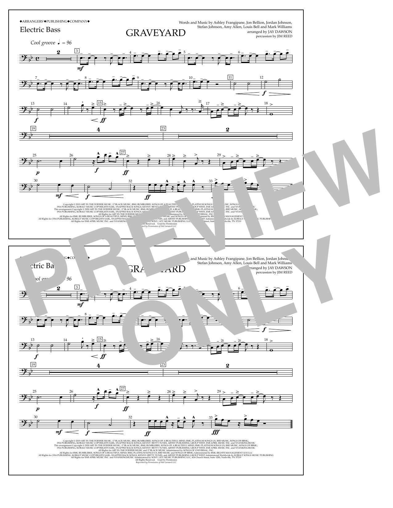 Halsey Graveyard (arr. Jay Dawson) - Electric Bass sheet music notes and chords arranged for Marching Band