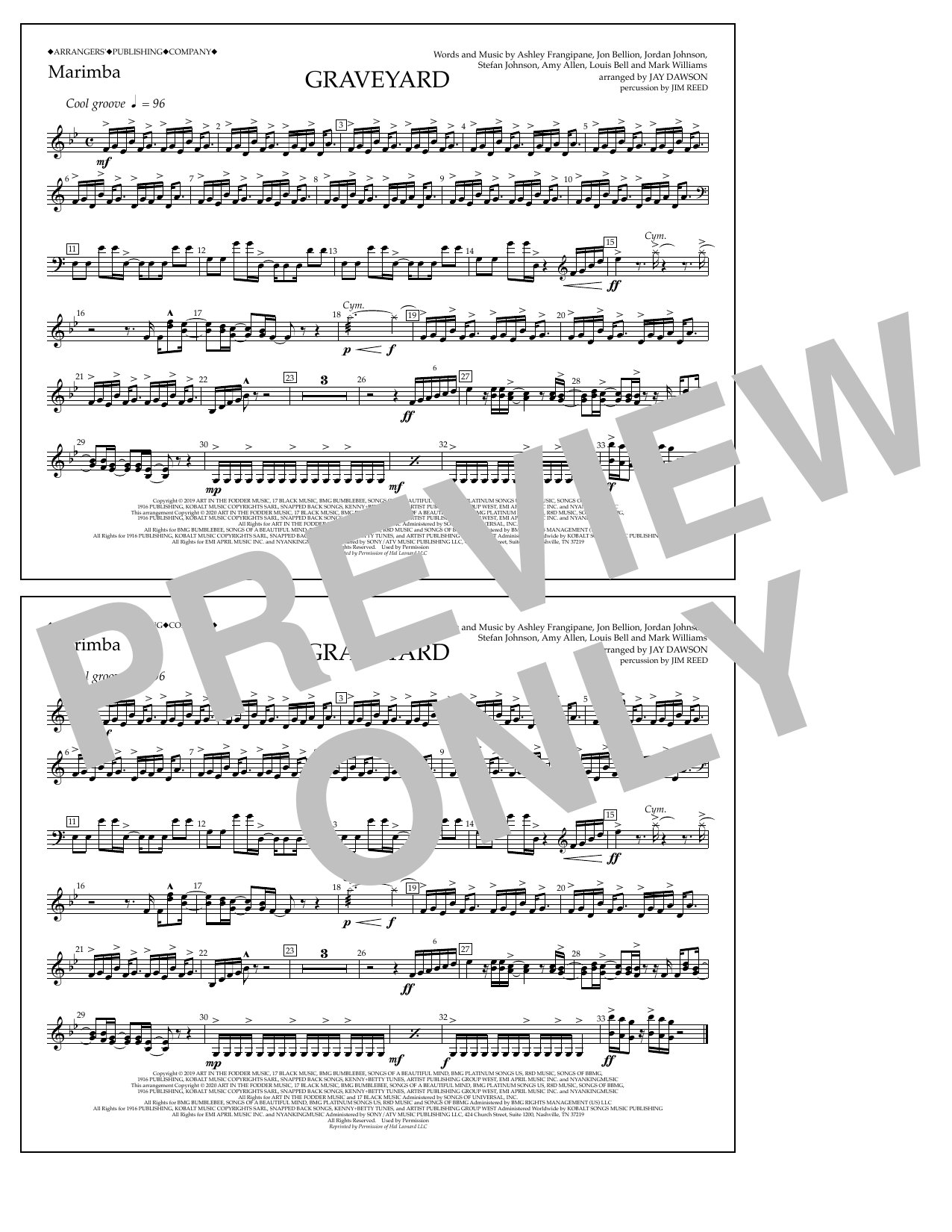Halsey Graveyard (arr. Jay Dawson) - Marimba sheet music notes and chords arranged for Marching Band