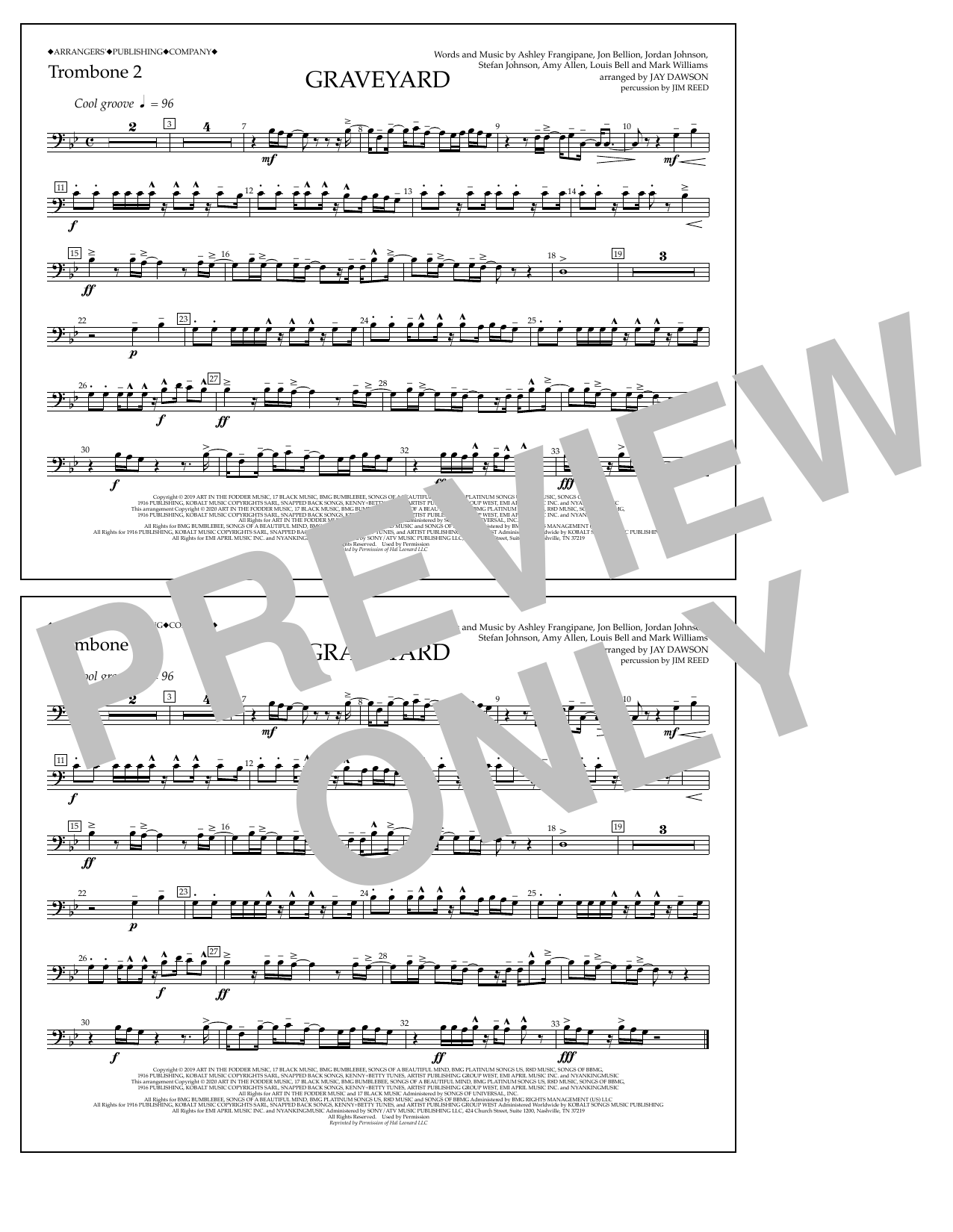 Halsey Graveyard (arr. Jay Dawson) - Trombone 2 sheet music notes and chords arranged for Marching Band