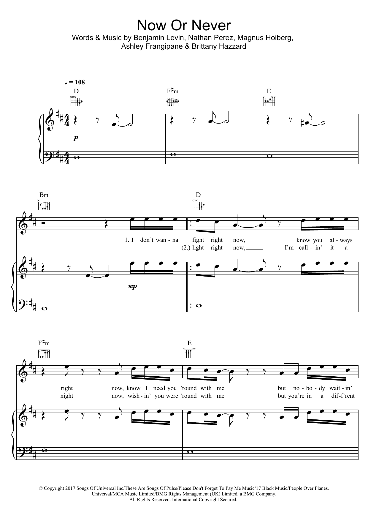 Halsey Now Or Never sheet music notes and chords arranged for Piano, Vocal & Guitar Chords