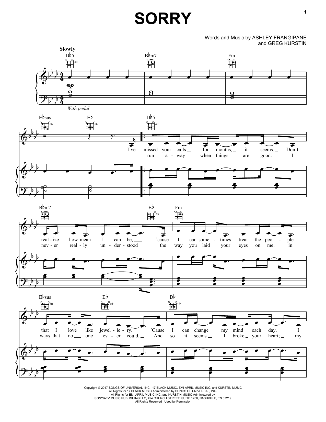 Halsey Sorry sheet music notes and chords arranged for Piano, Vocal & Guitar Chords (Right-Hand Melody)