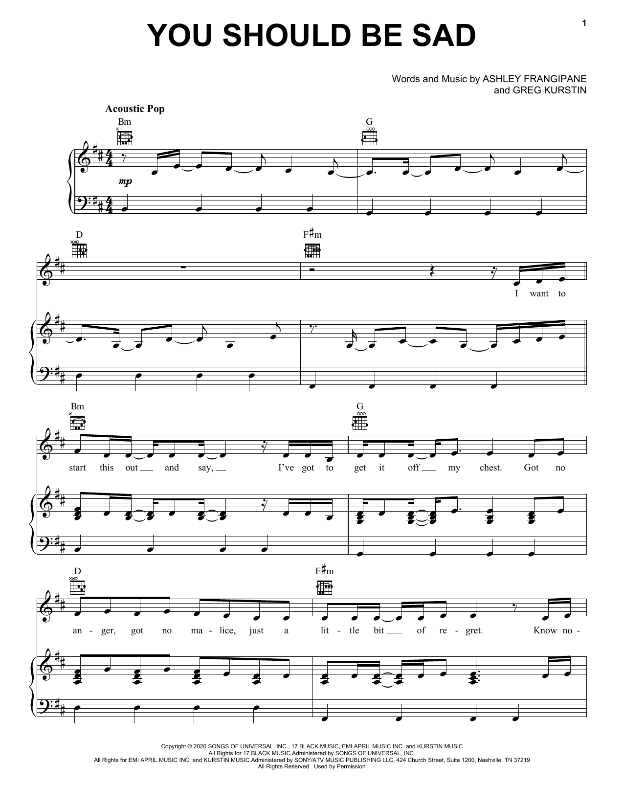 Halsey You should be sad sheet music notes and chords arranged for Piano, Vocal & Guitar Chords (Right-Hand Melody)