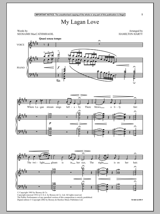Hamilton Harty My Lagan Love sheet music notes and chords arranged for Piano & Vocal