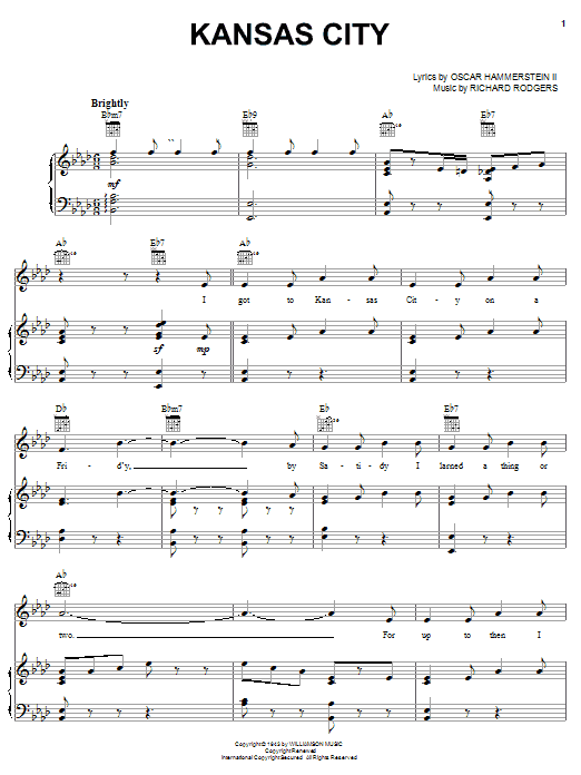 Hammerstein, Rodgers & Kansas City (from Oklahoma!) sheet music notes and chords arranged for Piano, Vocal & Guitar Chords (Right-Hand Melody)