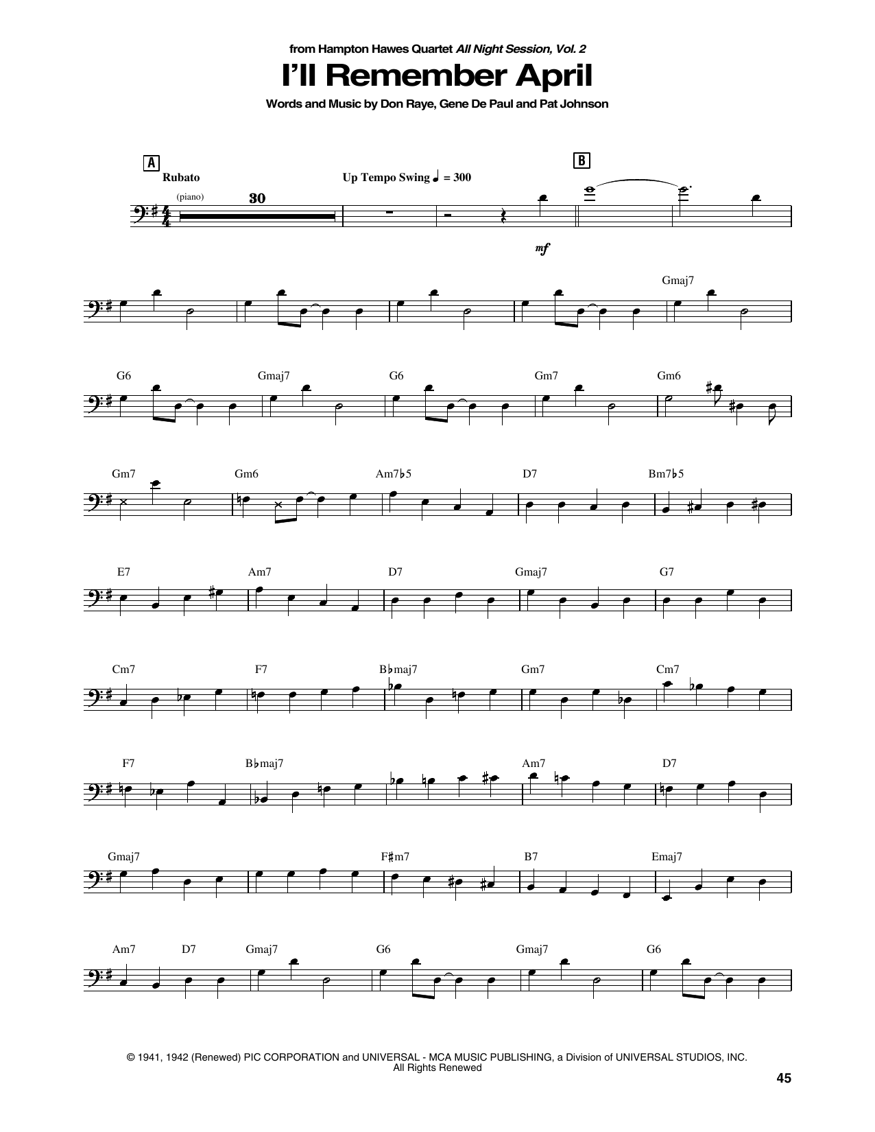 Hampton Hawes Quartet I'll Remember April sheet music notes and chords arranged for String Bass Transcription