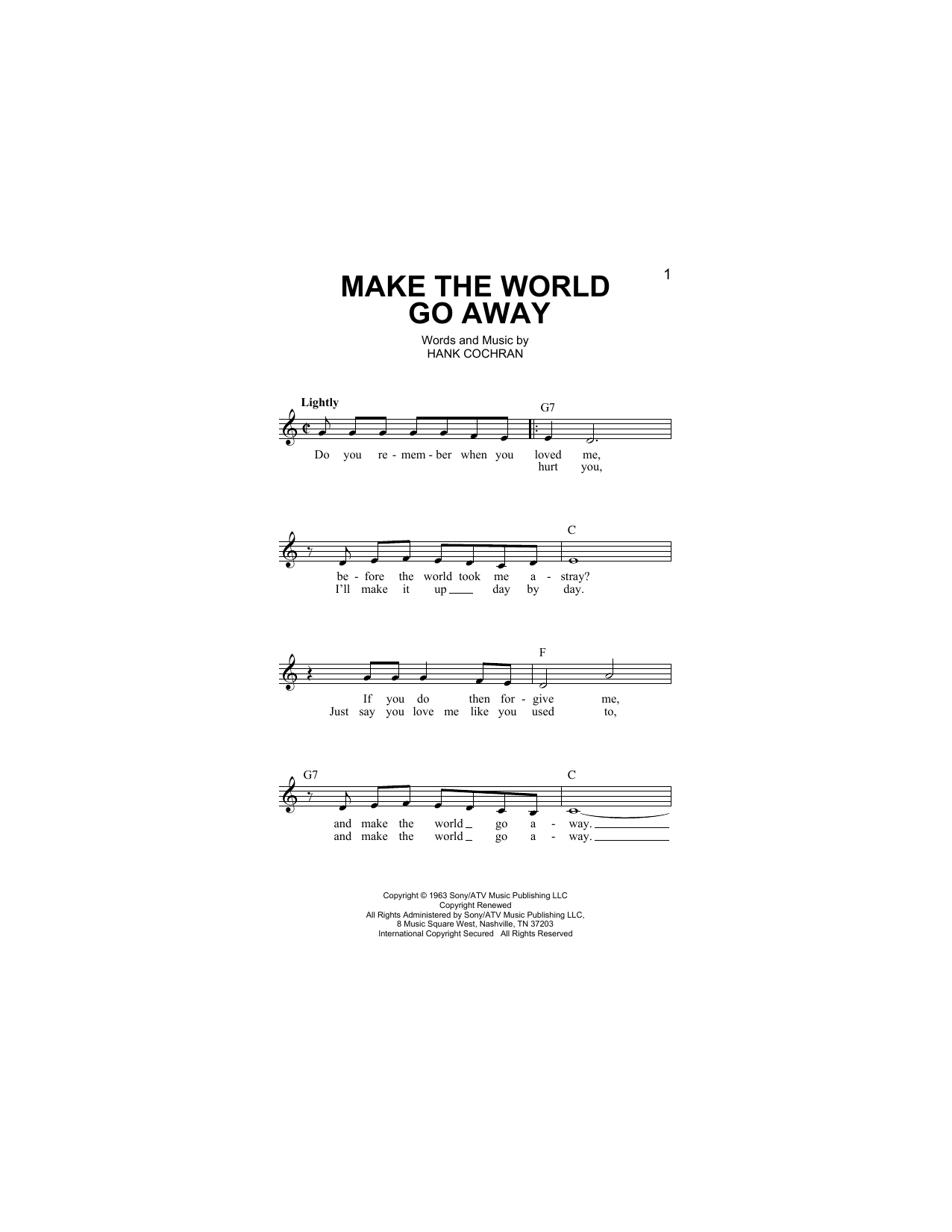 Hank Cochran Make The World Go Away sheet music notes and chords arranged for Lead Sheet / Fake Book