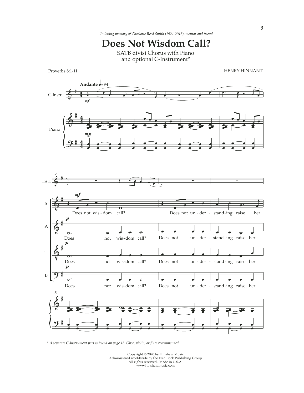 Hank Hinnant Does Not Wisdom Call? sheet music notes and chords arranged for SATB Choir