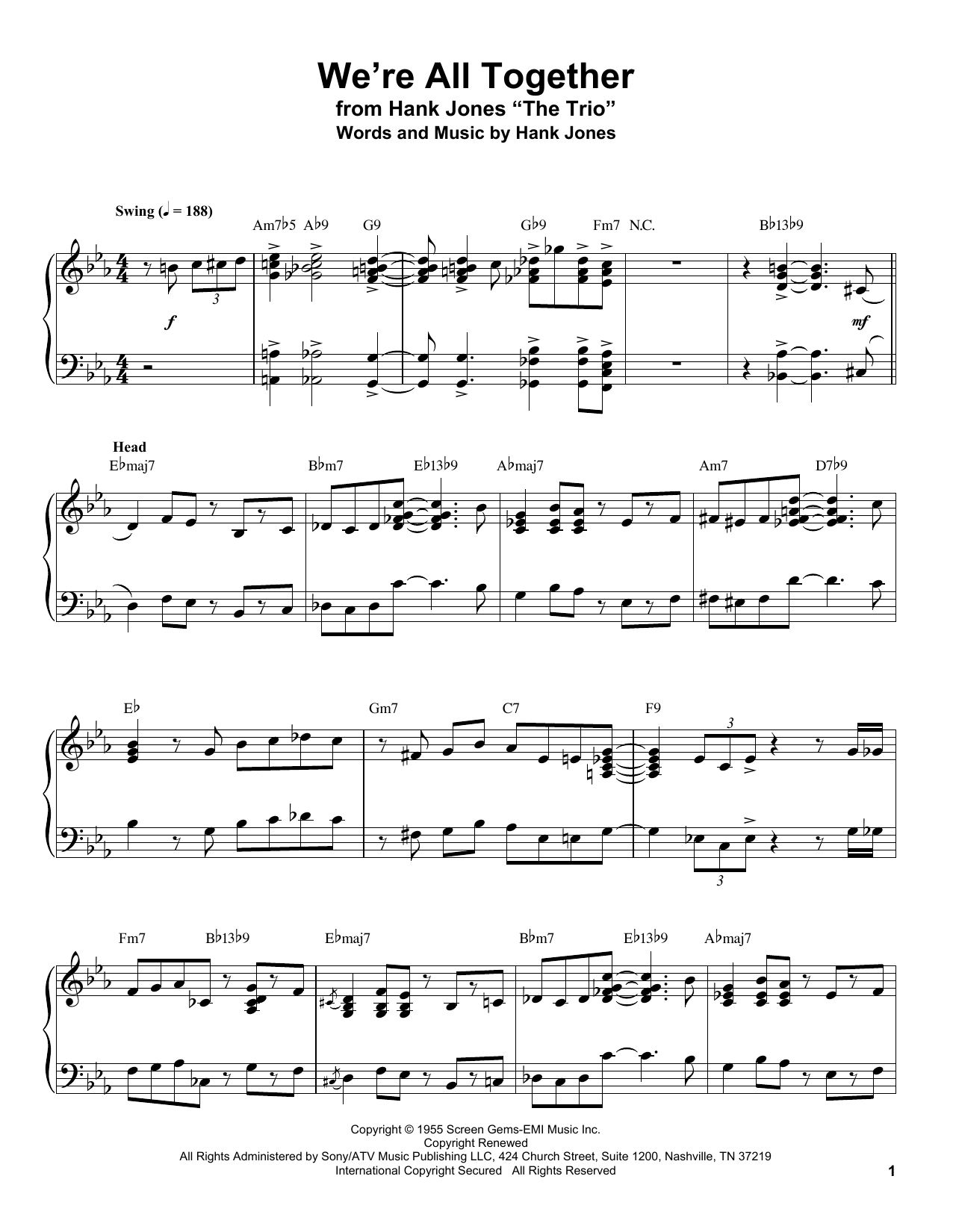 Hank Jones We're All Together sheet music notes and chords arranged for Piano Transcription