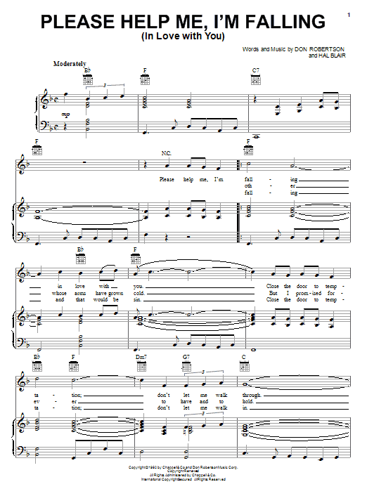 Hank Locklin Please Help Me, I'm Falling (In Love With You) sheet music notes and chords arranged for Piano, Vocal & Guitar Chords (Right-Hand Melody)