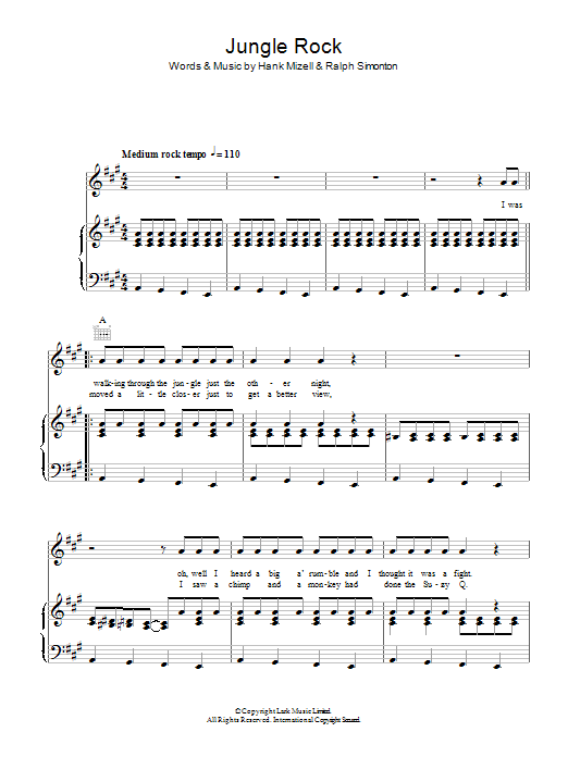 Hank Mizell Jungle Rock sheet music notes and chords arranged for Piano, Vocal & Guitar Chords