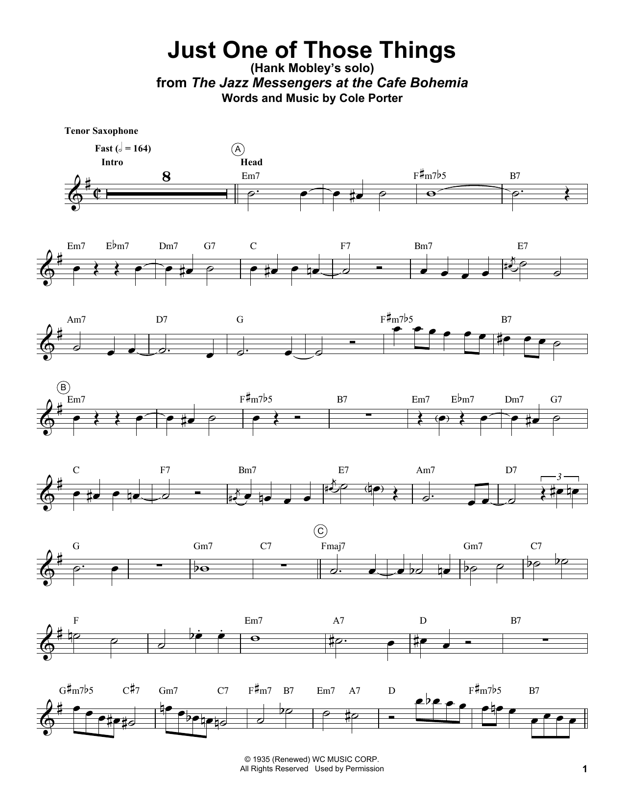 Hank Mobley Just One Of Those Things sheet music notes and chords arranged for Tenor Sax Transcription