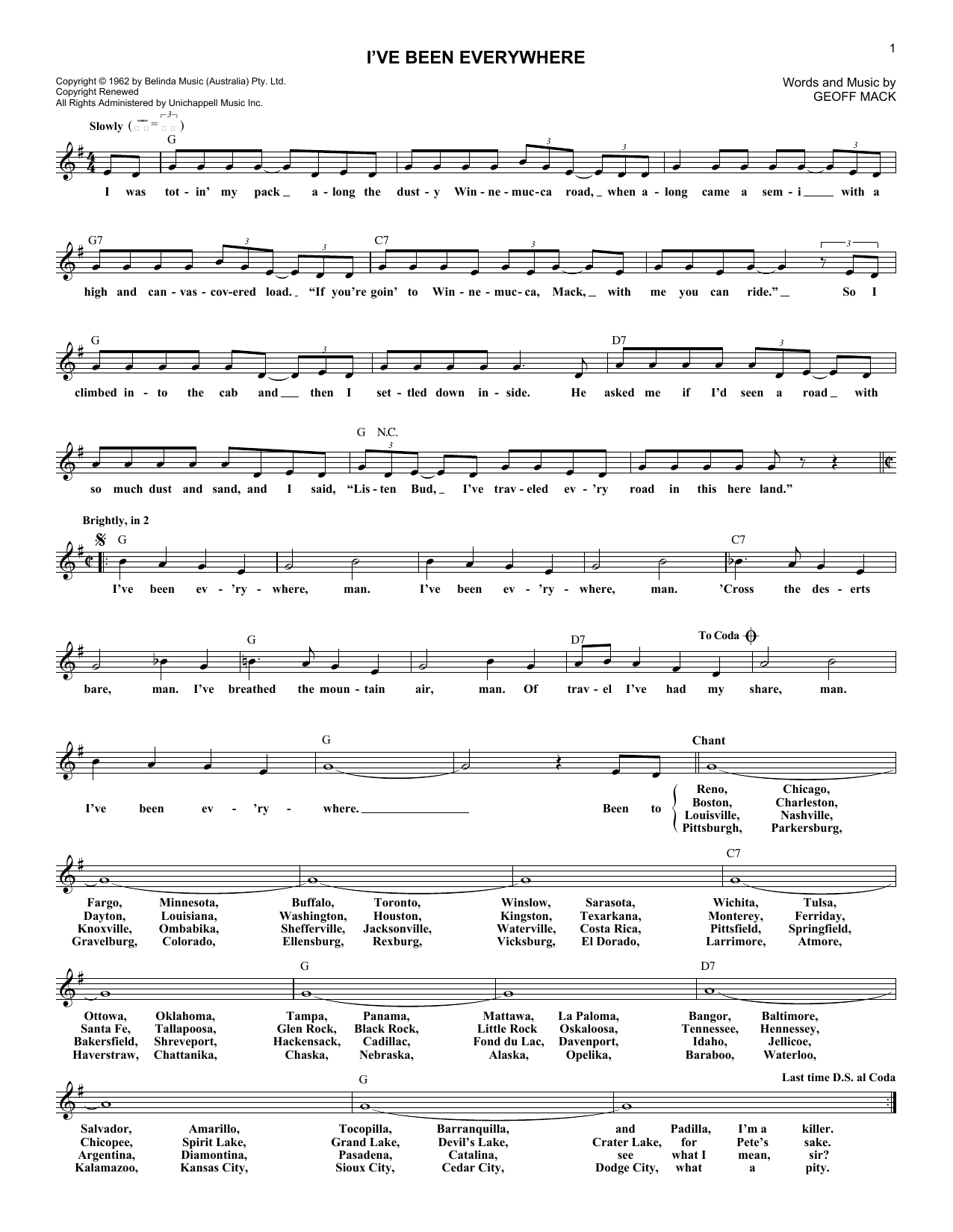 Hank Snow I've Been Everywhere sheet music notes and chords arranged for Piano, Vocal & Guitar Chords