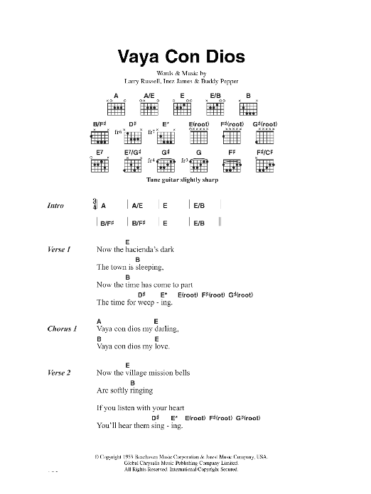 Hank Snow Vaya Con Dios sheet music notes and chords arranged for Guitar Chords/Lyrics