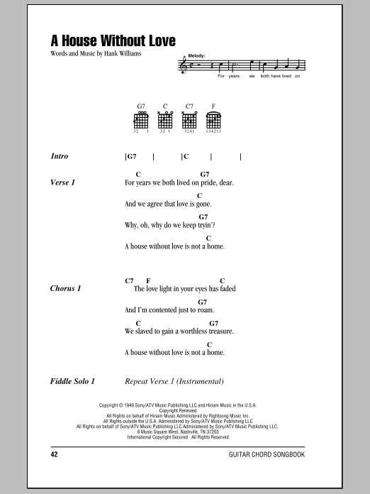 Hank Williams A House Without Love sheet music notes and chords arranged for Piano, Vocal & Guitar Chords (Right-Hand Melody)