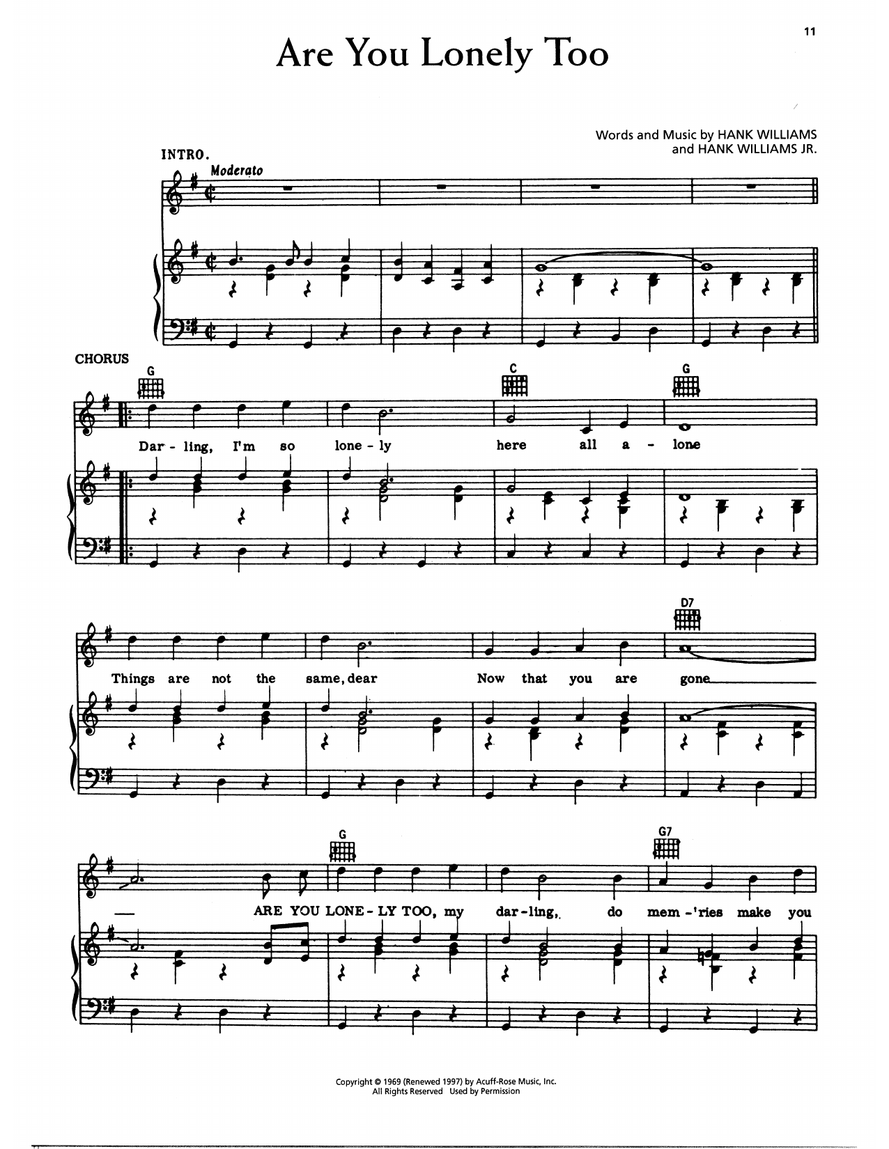 Hank Williams Are You Lonely Too sheet music notes and chords arranged for Piano, Vocal & Guitar Chords (Right-Hand Melody)
