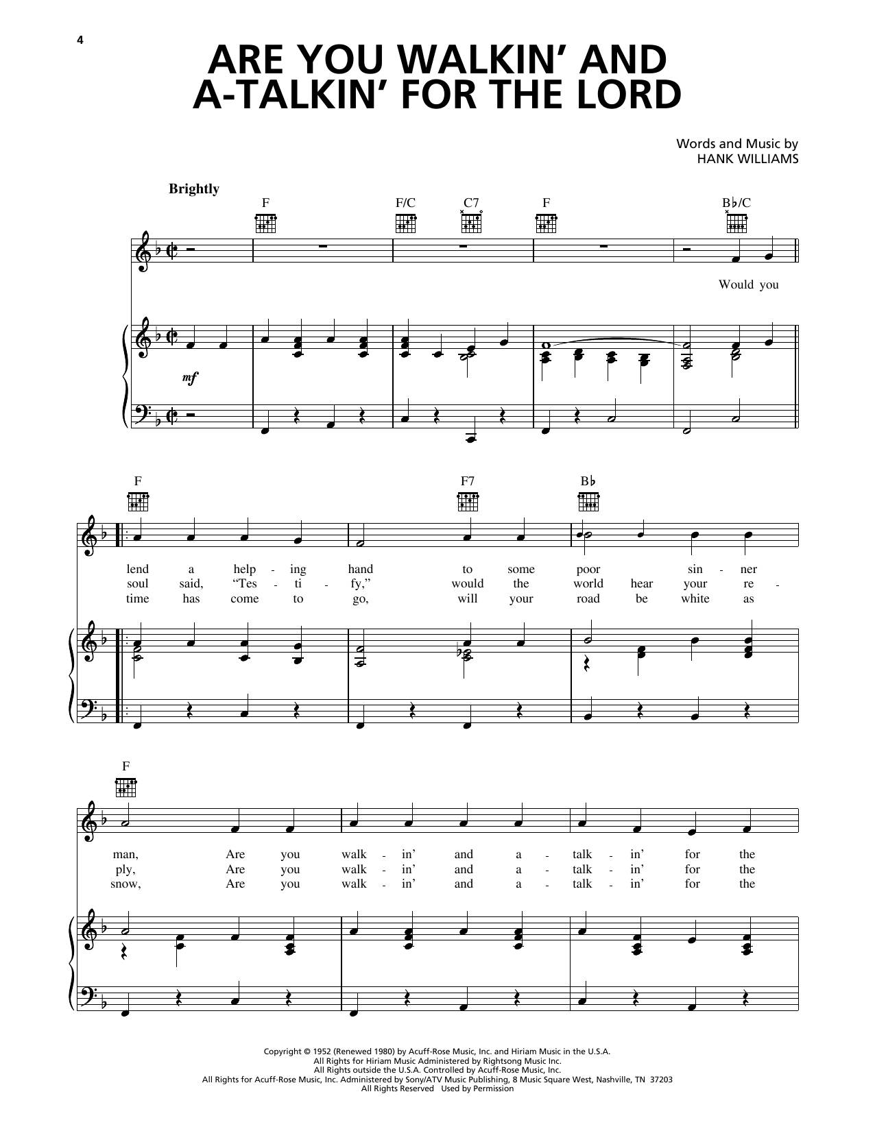 Hank Williams Are You Walkin' And A-Talkin' For The Lord sheet music notes and chords arranged for Piano, Vocal & Guitar Chords (Right-Hand Melody)