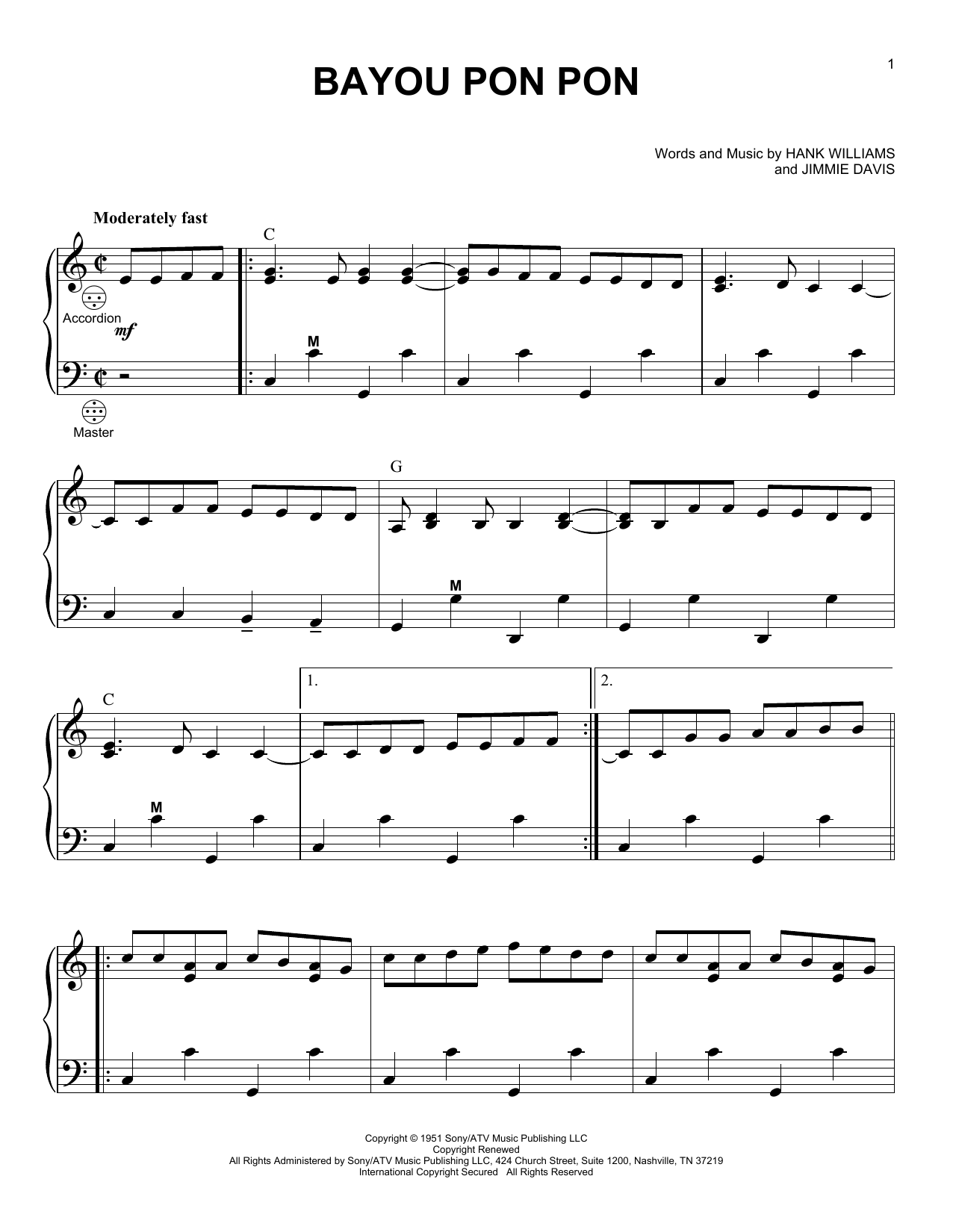 Hank Williams Bayou Pon Pon sheet music notes and chords arranged for Accordion