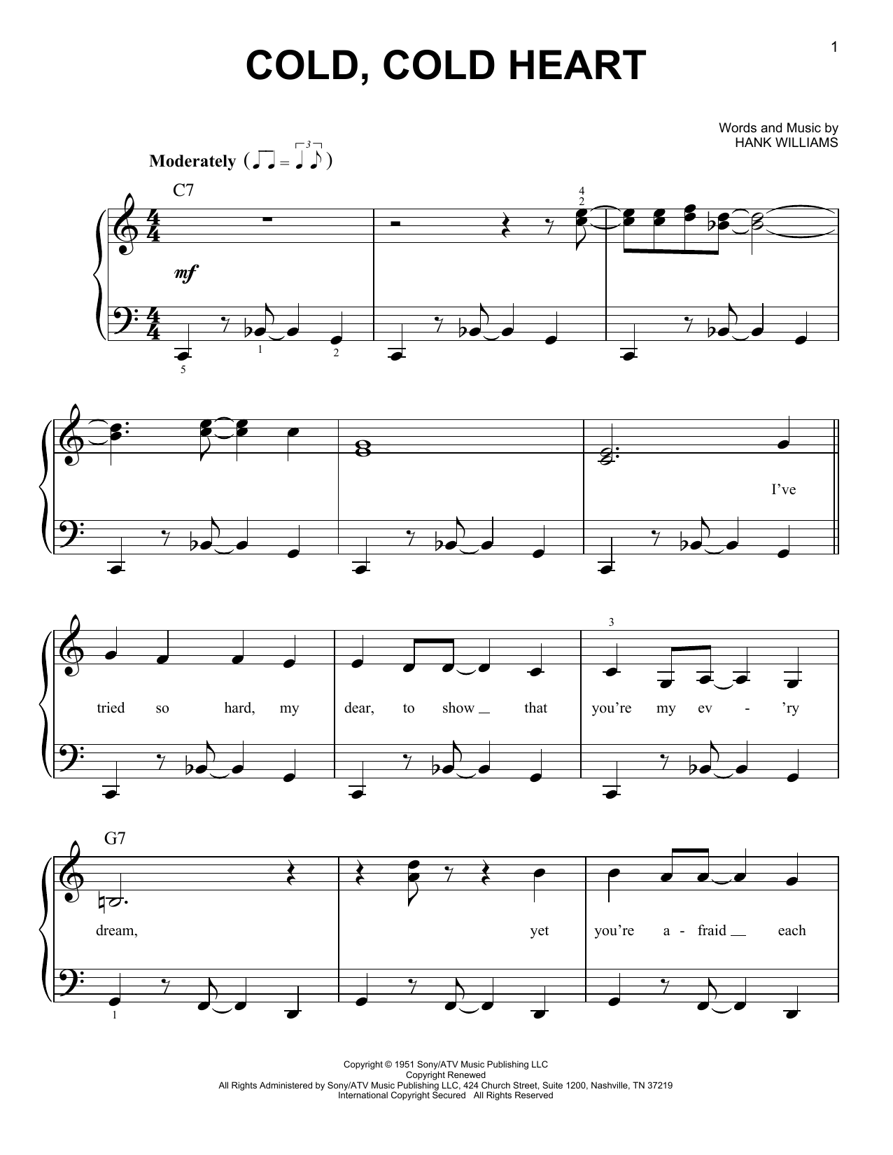 Hank Williams Cold, Cold Heart sheet music notes and chords arranged for ChordBuddy
