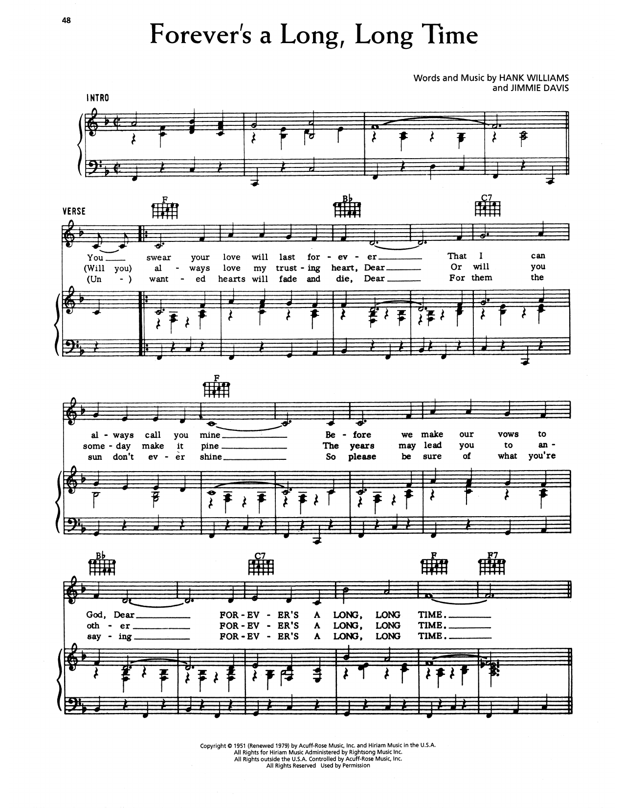 Hank Williams Forever's A Long Long Time sheet music notes and chords arranged for Piano, Vocal & Guitar Chords (Right-Hand Melody)