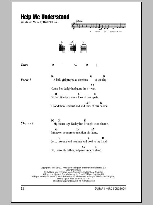 Hank Williams Help Me Understand sheet music notes and chords arranged for Piano, Vocal & Guitar Chords (Right-Hand Melody)