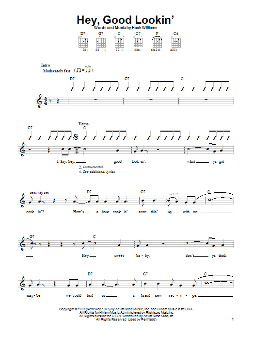 Hank Williams Hey, Good Lookin' sheet music notes and chords arranged for Mandolin Chords/Lyrics