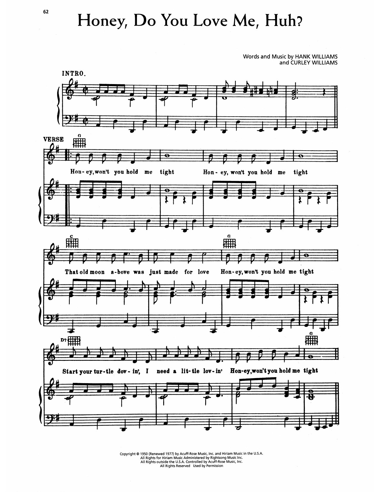 Hank Williams Honey, Do You Love Me, Huh sheet music notes and chords arranged for Piano, Vocal & Guitar Chords (Right-Hand Melody)
