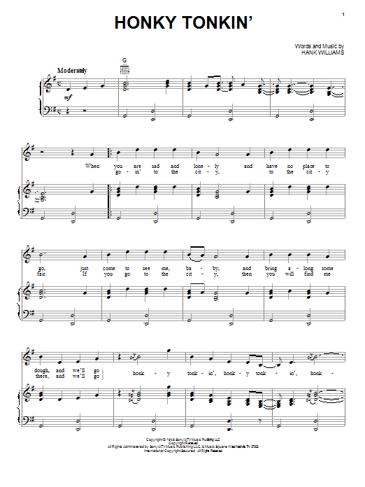 Hank Williams Honky Tonkin' sheet music notes and chords arranged for Piano Chords/Lyrics