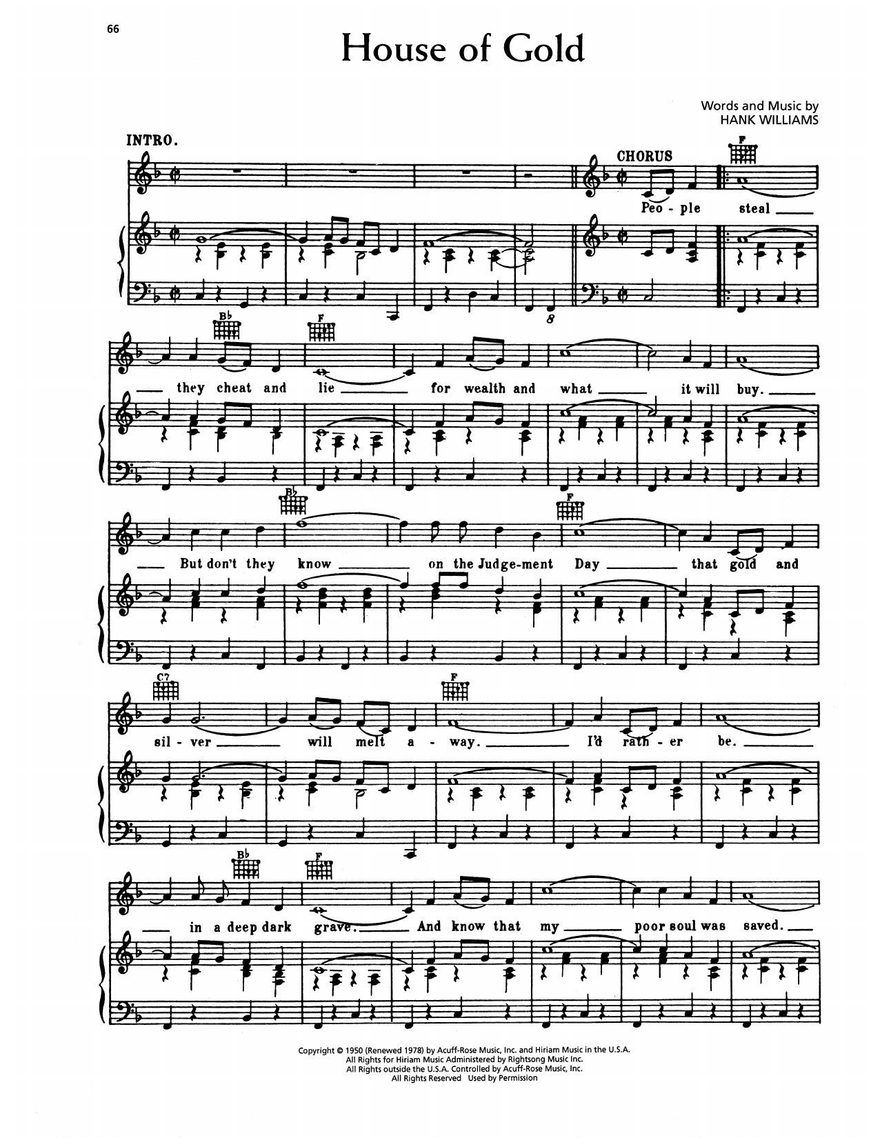 Hank Williams House Of Gold sheet music notes and chords arranged for Piano, Vocal & Guitar Chords (Right-Hand Melody)