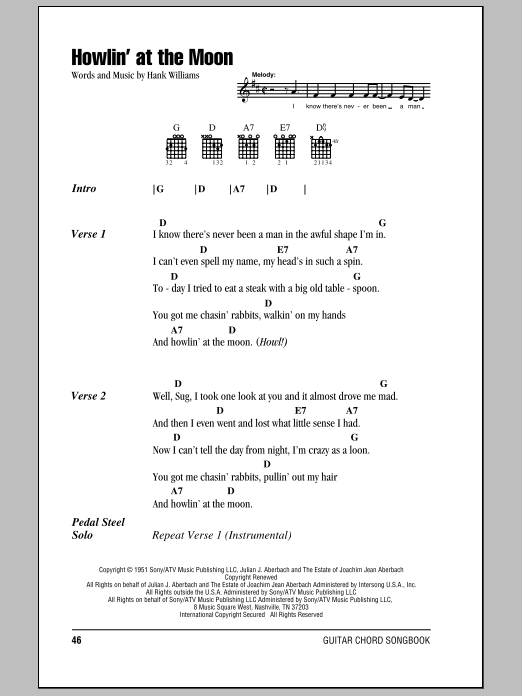 Hank Williams Howlin' At The Moon sheet music notes and chords arranged for Guitar Chords/Lyrics