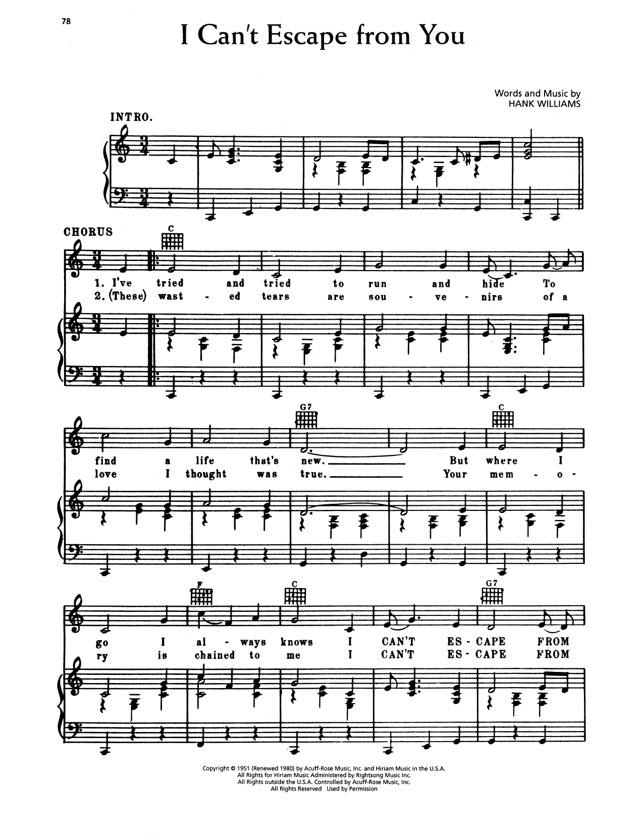 Hank Williams I Can't Escape From You sheet music notes and chords arranged for Piano, Vocal & Guitar Chords (Right-Hand Melody)