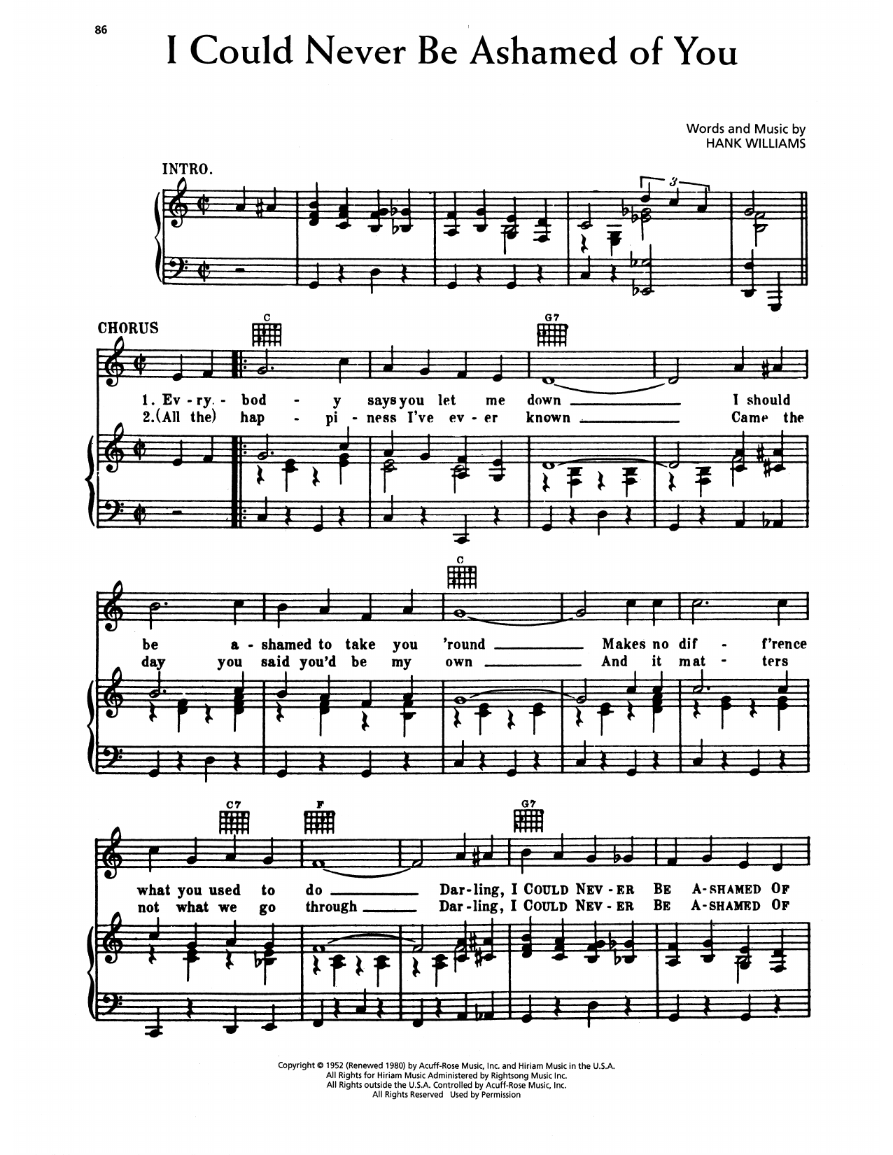 Hank Williams I Could Never Be Ashamed Of You sheet music notes and chords arranged for Piano, Vocal & Guitar Chords (Right-Hand Melody)
