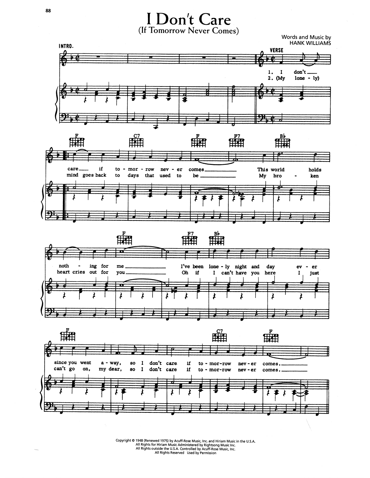 Hank Williams I Don't Care (If Tomorrow Never Comes) sheet music notes and chords arranged for Piano, Vocal & Guitar Chords (Right-Hand Melody)