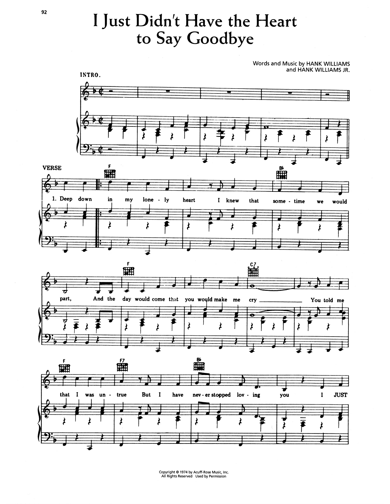 Hank Williams I Just Didn't Have The Heart To Say Goodbye sheet music notes and chords arranged for Piano, Vocal & Guitar Chords (Right-Hand Melody)